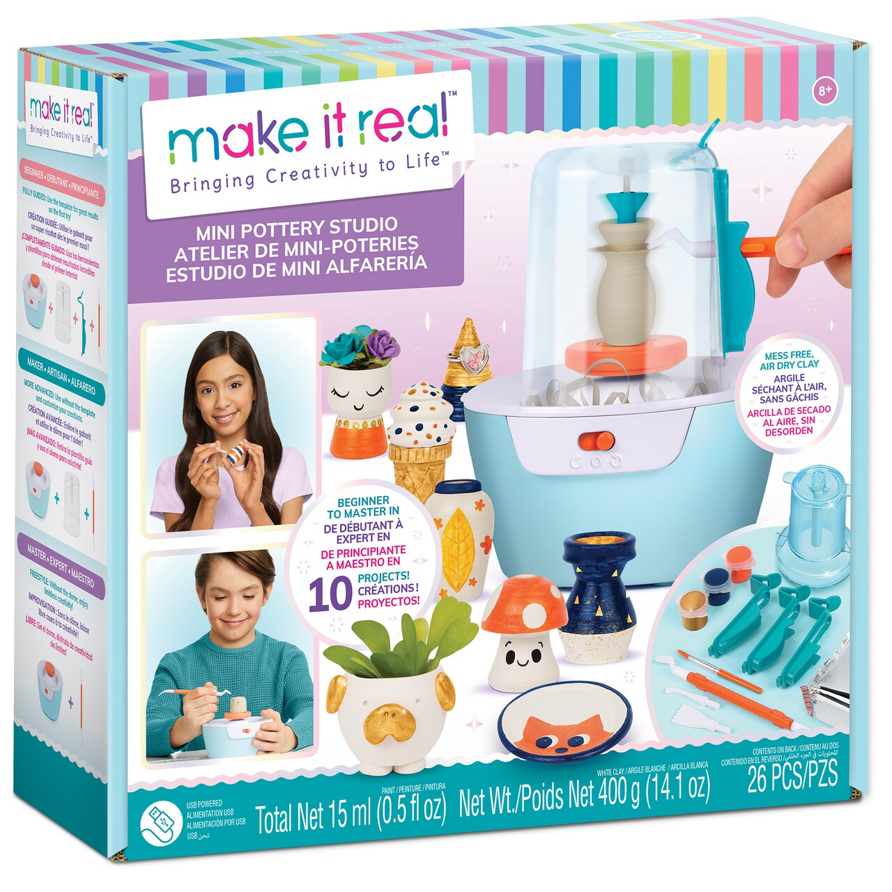 Make It Real: Mini Pottery Studio - 26 pcs DIY Pottery Kit, Mess Free Air Dry Clay, 10 Projects, Tweens, Girls & Kids Ages 8+